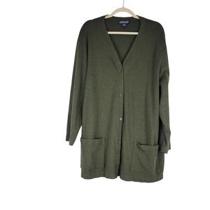 Lands’ End Women's 20W-22W Long Button Up Cardigan Sweater Heathered Olive Green
